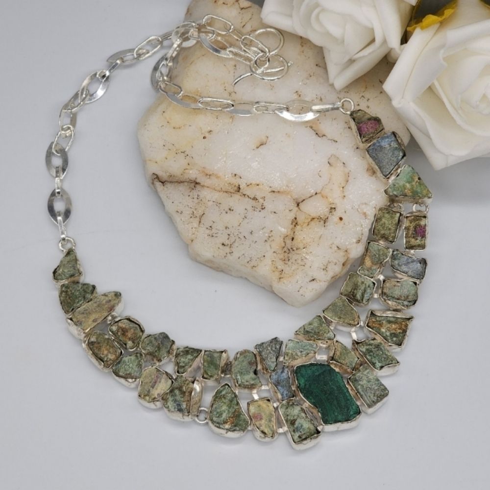 Vintage Sterling Silver 925 Necklace Natural Raw Amazonite Malachite